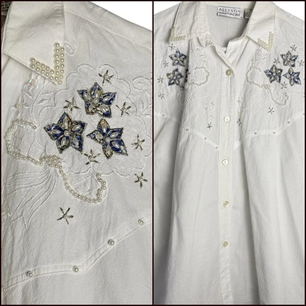 Vintage 80s Retro Floral Pearl Embroidery Button Up Shirt Western Cottage SM/MED